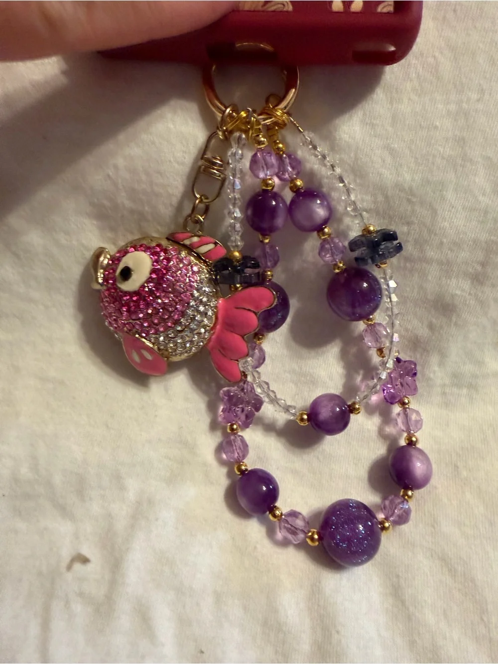 Hand Crafted Purple Beaded Phone Charm with Pink Fish Pendant